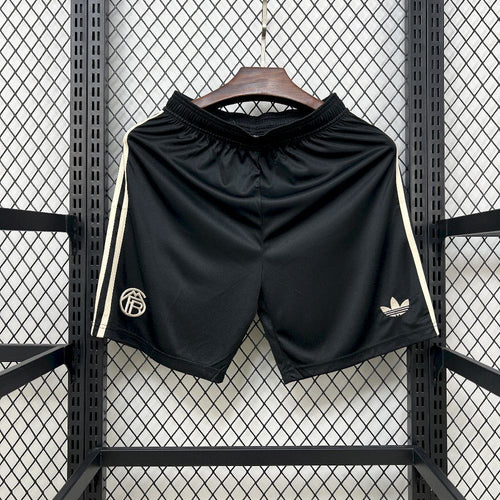 Black football fan shorts with white side stripes, elastic waistband and drawstring
