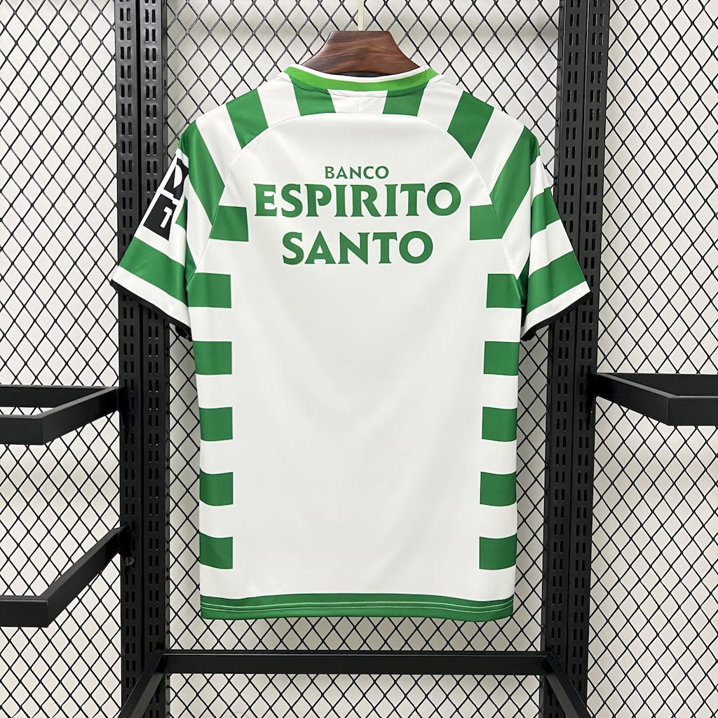 Green-and-white striped retro football jersey with 'BANCO ESPIRITO SANTO' back print