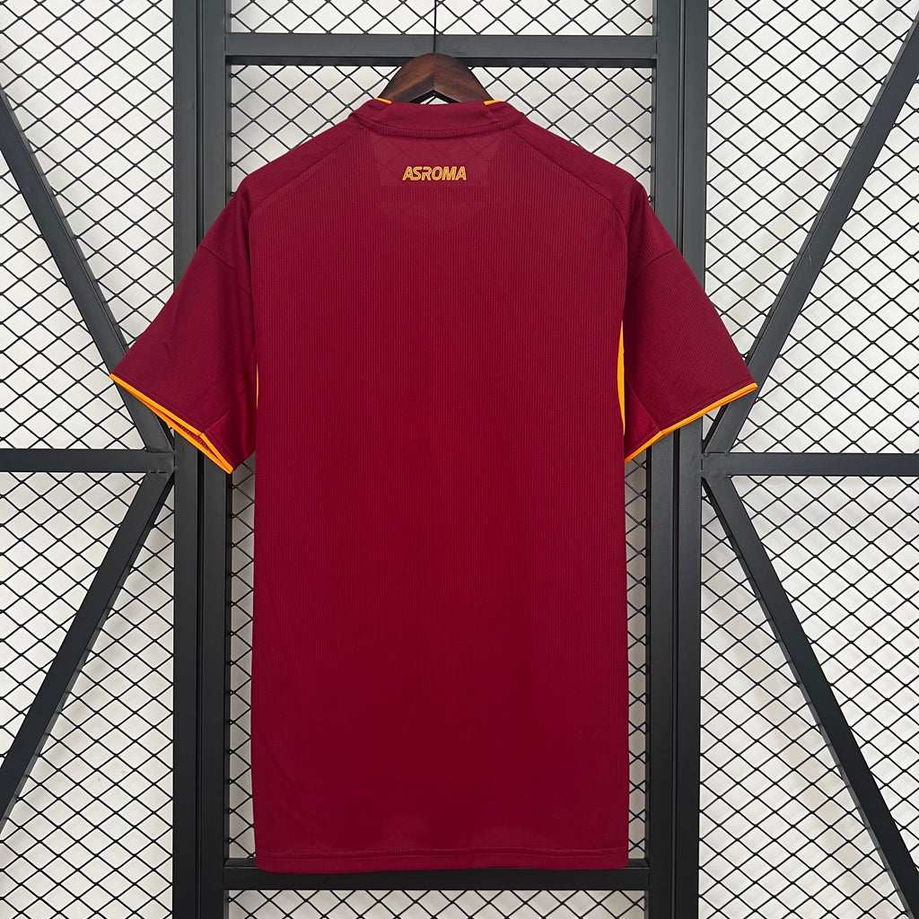 Maroon Roma soccer jersey back view with yellow piping at shoulders