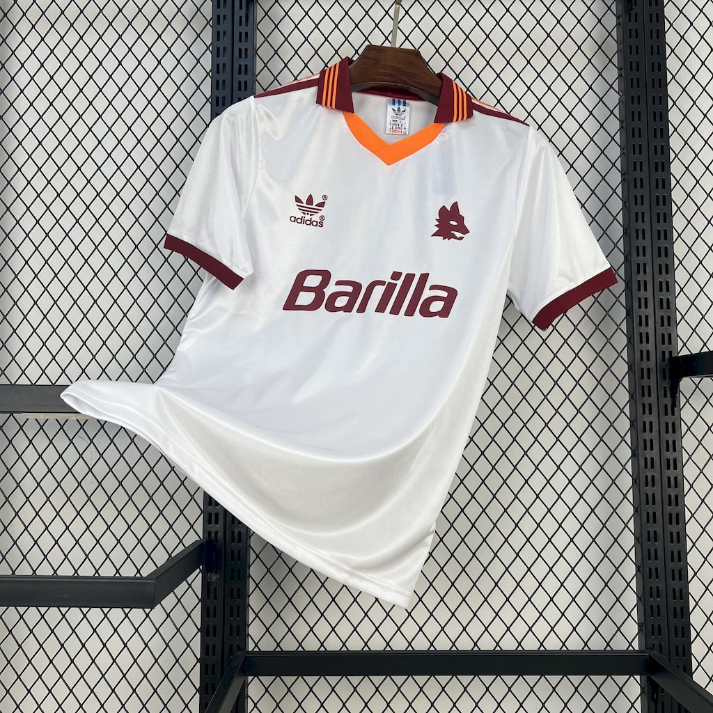 Retro white soccer jersey with orange V-neck trim, maroon Barilla sponsor, adidas logo