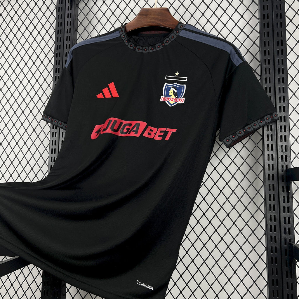 Black away football jersey front with crest emblem and red Adidas stripes