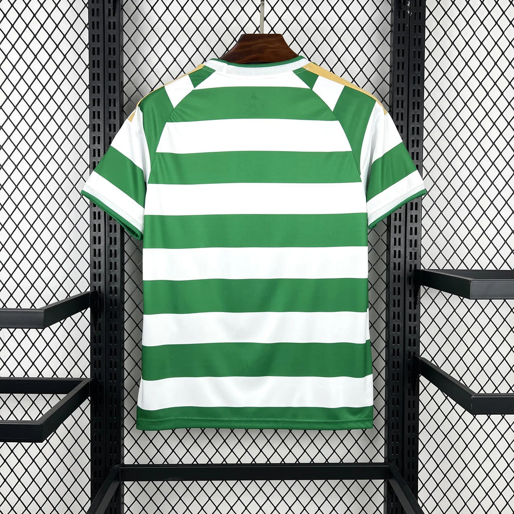 Green and white striped Celtic home fan football shirt, rear view on hanger