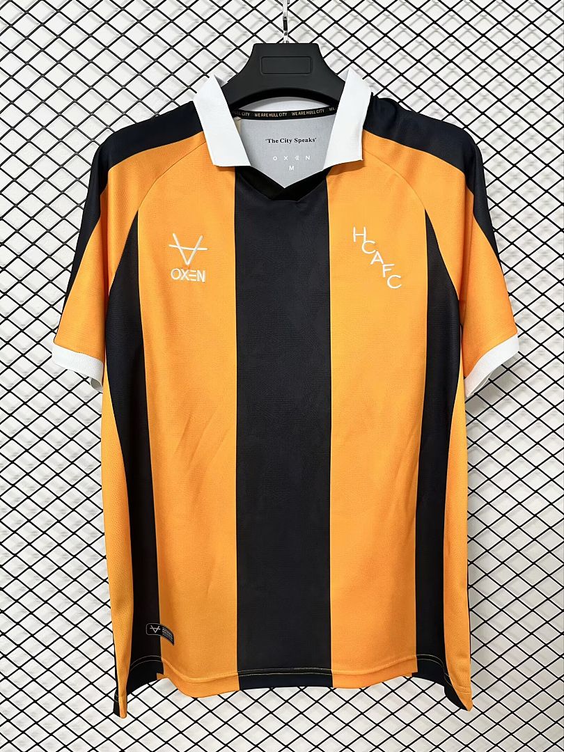 Home fan football shirt in orange and black vertical stripes with V-neck and logos