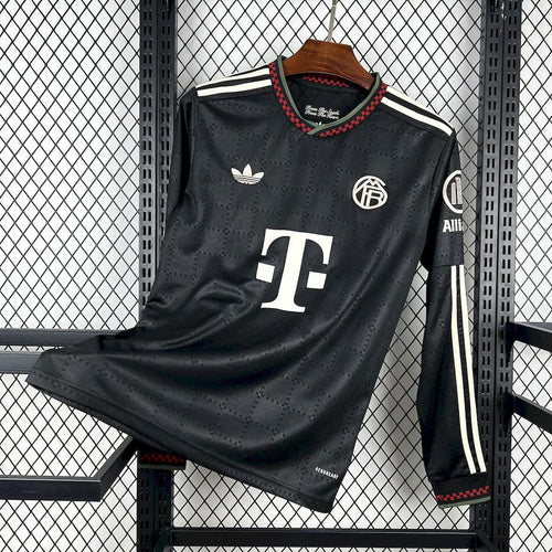 Black long-sleeve football jersey with white sleeve stripes and red-trim collar