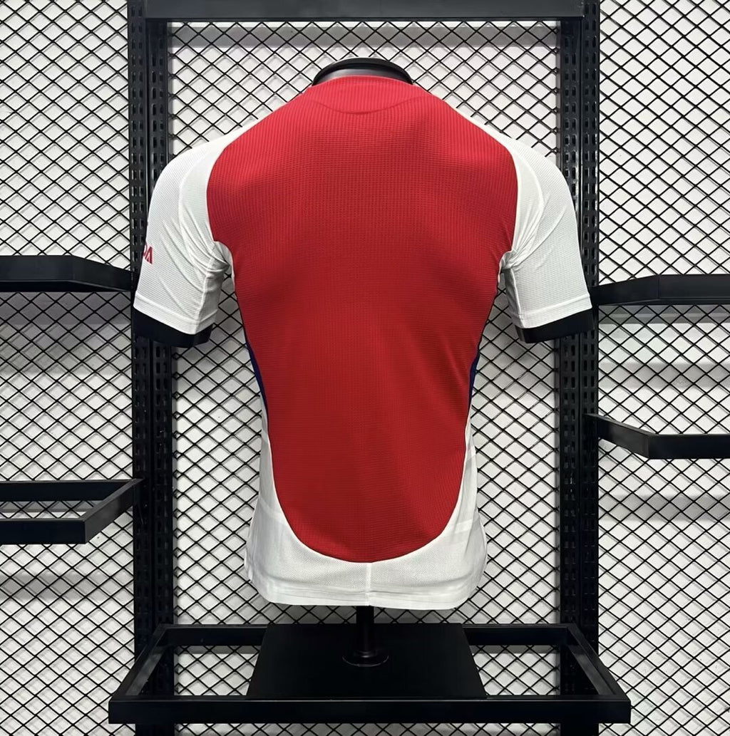 Arsenal 2024/25 home soccer jersey back view, red panel with white sleeves