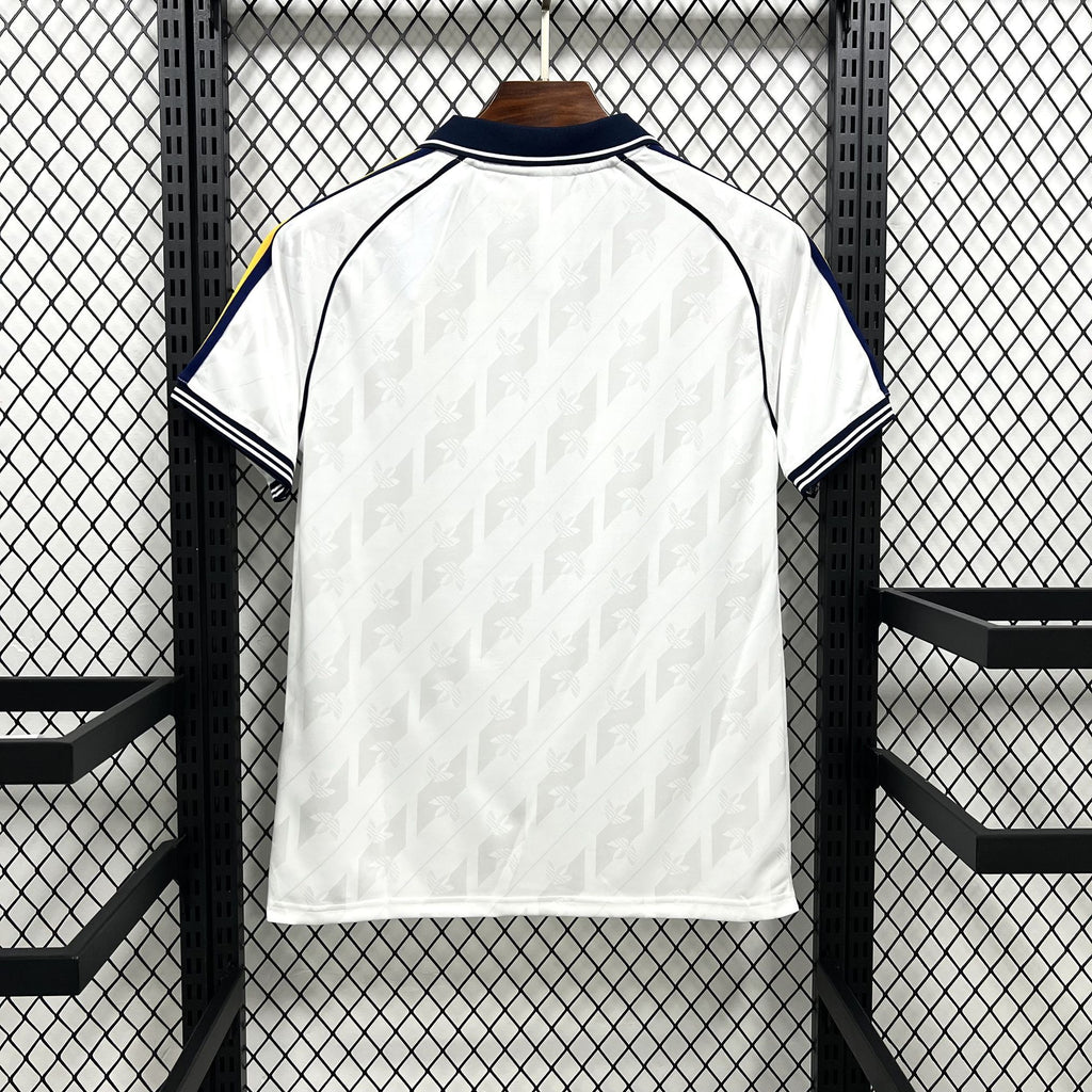 White Real Madrid OG casual shirt, back view with navy collar trim
