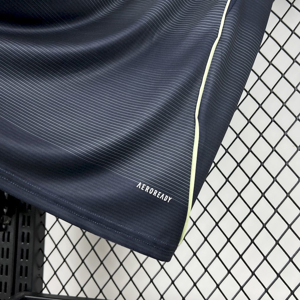 Dark navy Real Madrid away fan jersey sleeve and hem detail with AEROREADY label