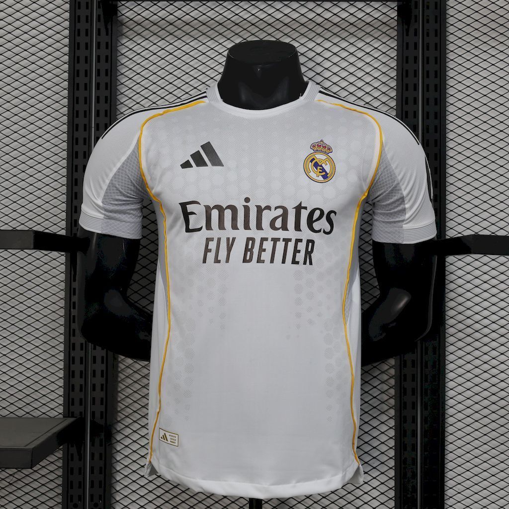 White football jersey with yellow piping, adidas logo, club crest, Emirates sponsor