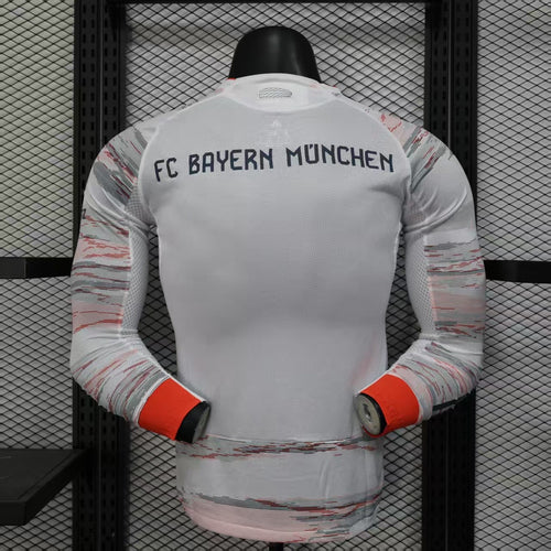 Bayern Munich away soccer jersey with FC Bayern Munich text on back, white long sleeves