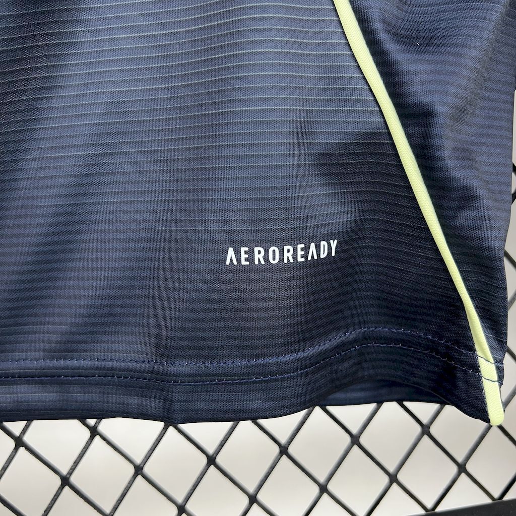 Dark navy football jersey with AEROREADY logo and lime-edged sleeve seam