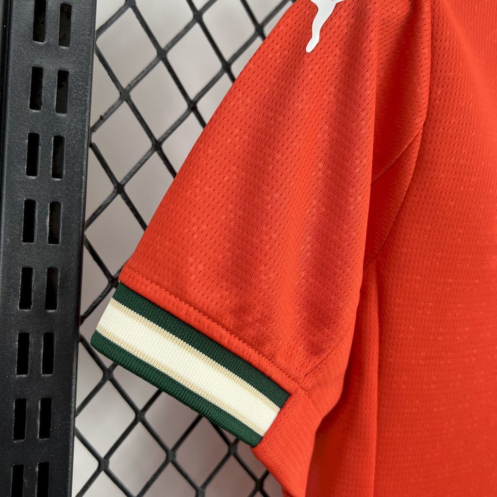 Red jersey sleeve with green-and-cream striped armband trim