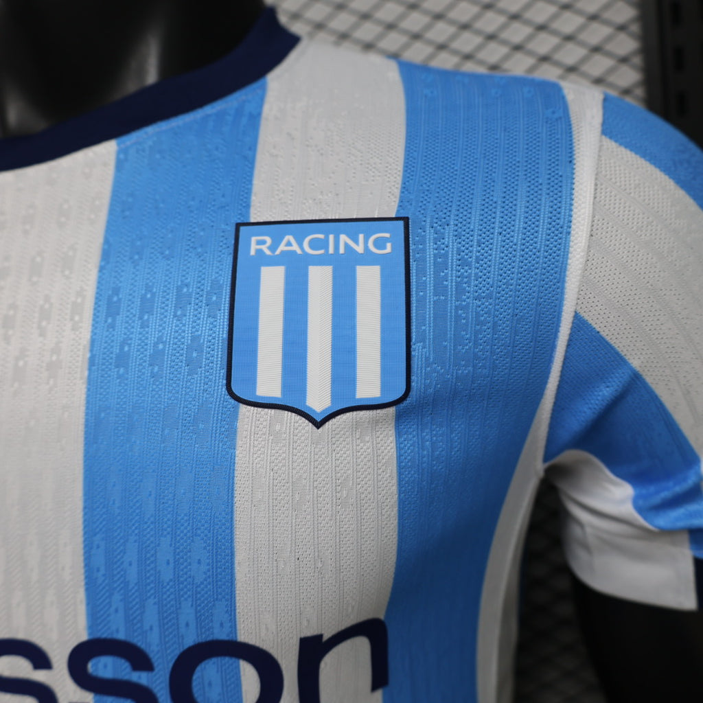 Soccer jersey back crest labeled RACING on blue-and-white striped design
