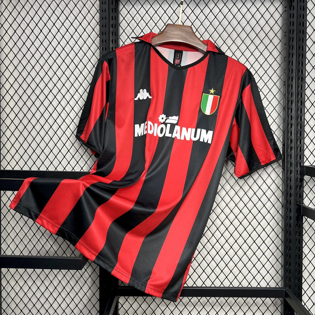 AC Milan 1988/89 home retro football jersey, red and black vertical stripes, short sleeves