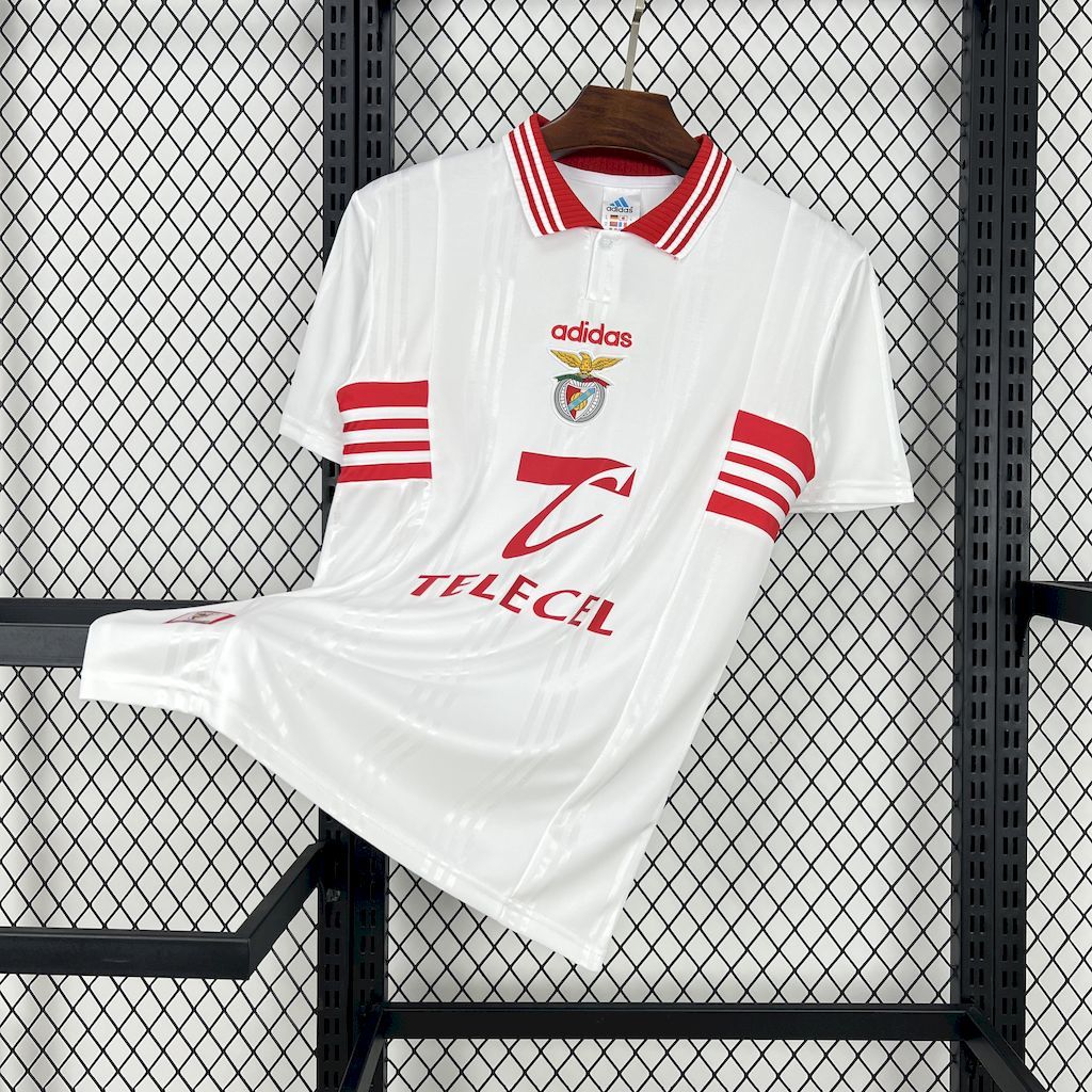 Retro away soccer jersey set, white with red striped collar, adidas logo, Telecel sponsor