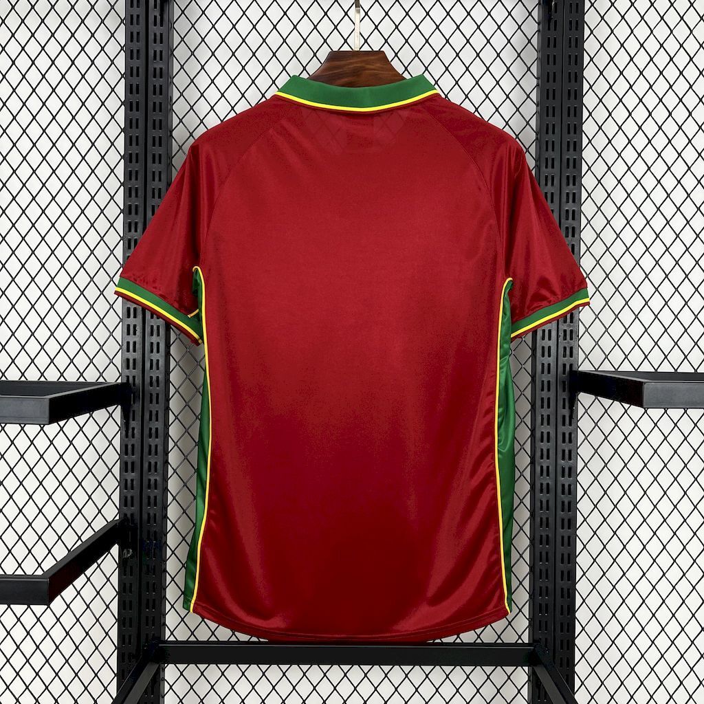 Back of maroon football jersey with green trim and yellow piping