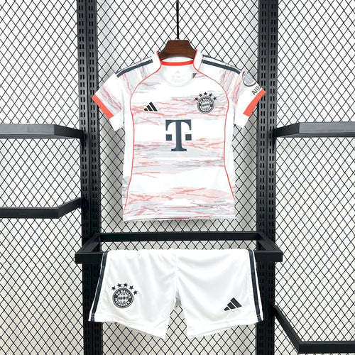 Kids' Bayern Munich away kit: white jersey with red pattern, matching shorts