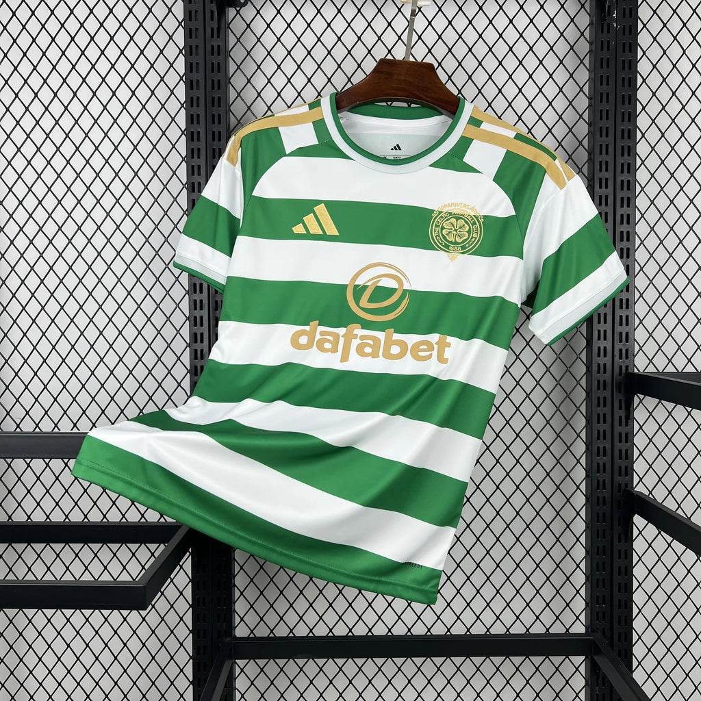 Green and white striped Celtic home fan football shirt with adidas and dafabet logos