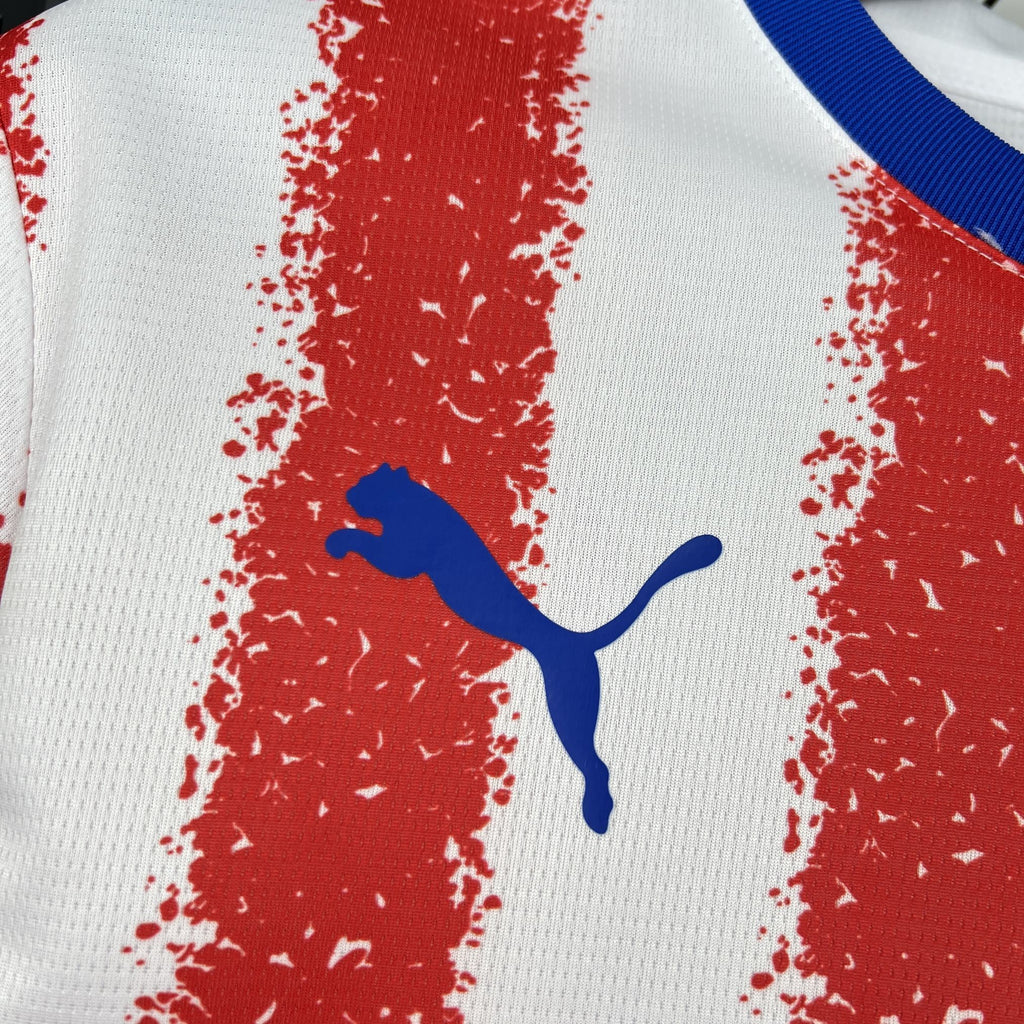 Paraguay home fan jersey chest close-up with blue Puma logo over red stripe pattern