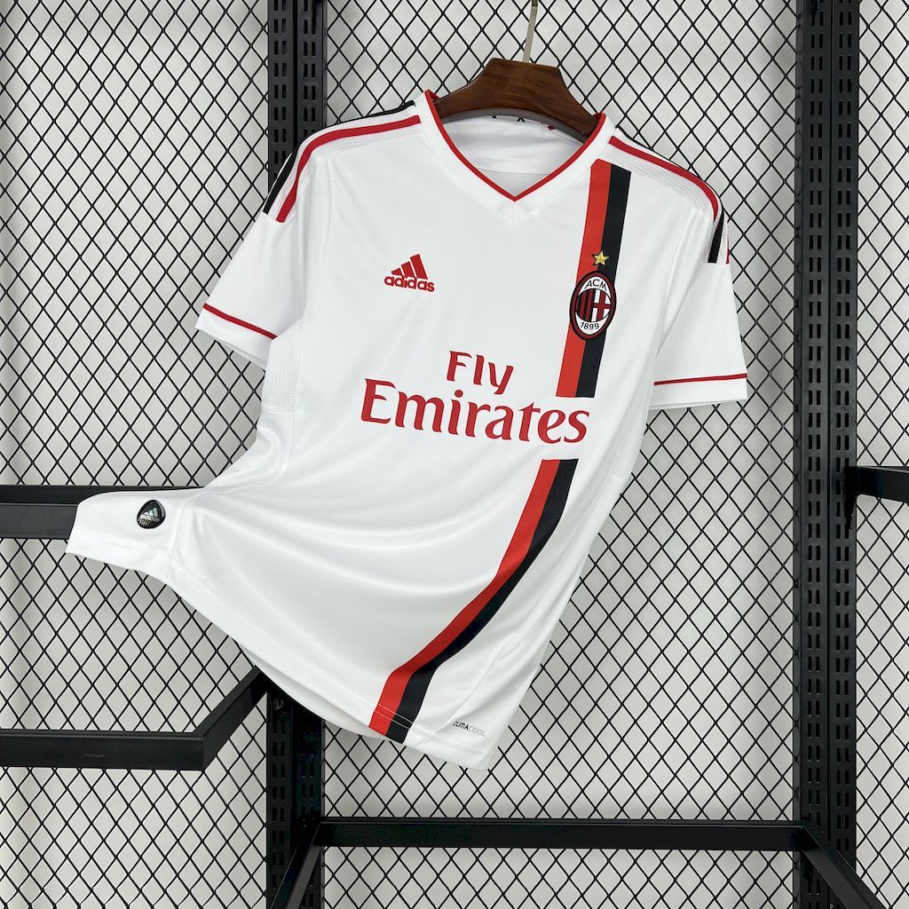 White AC Milan retro away soccer jersey with Fly Emirates sponsor and red trim