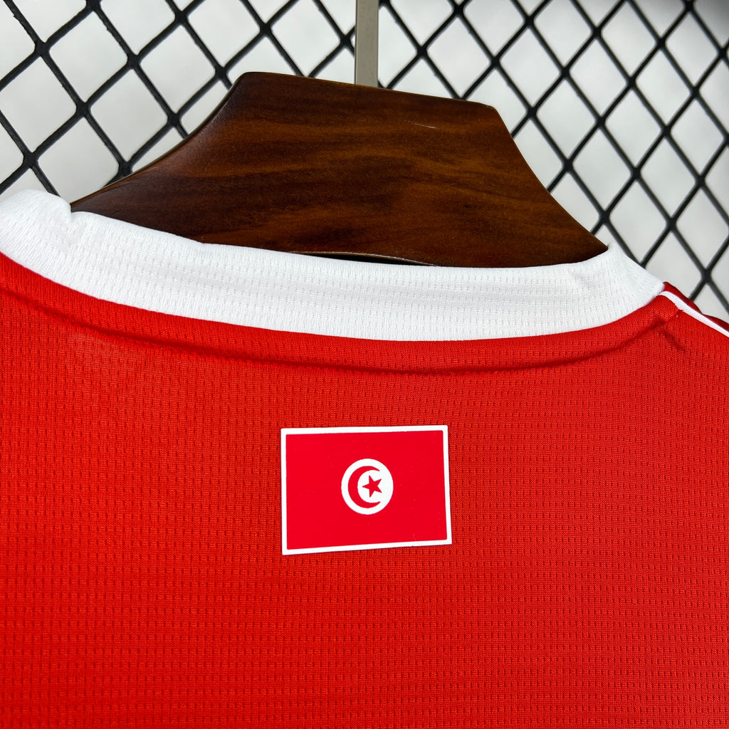 Red jersey back neck with white collar and Tunisia crest patch