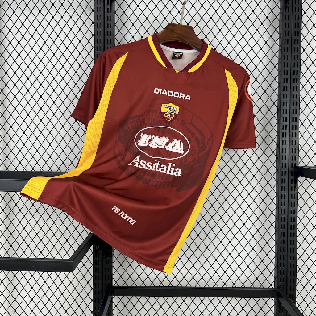 Retro Roma home football shirt, maroon with yellow trim and front sponsor logo