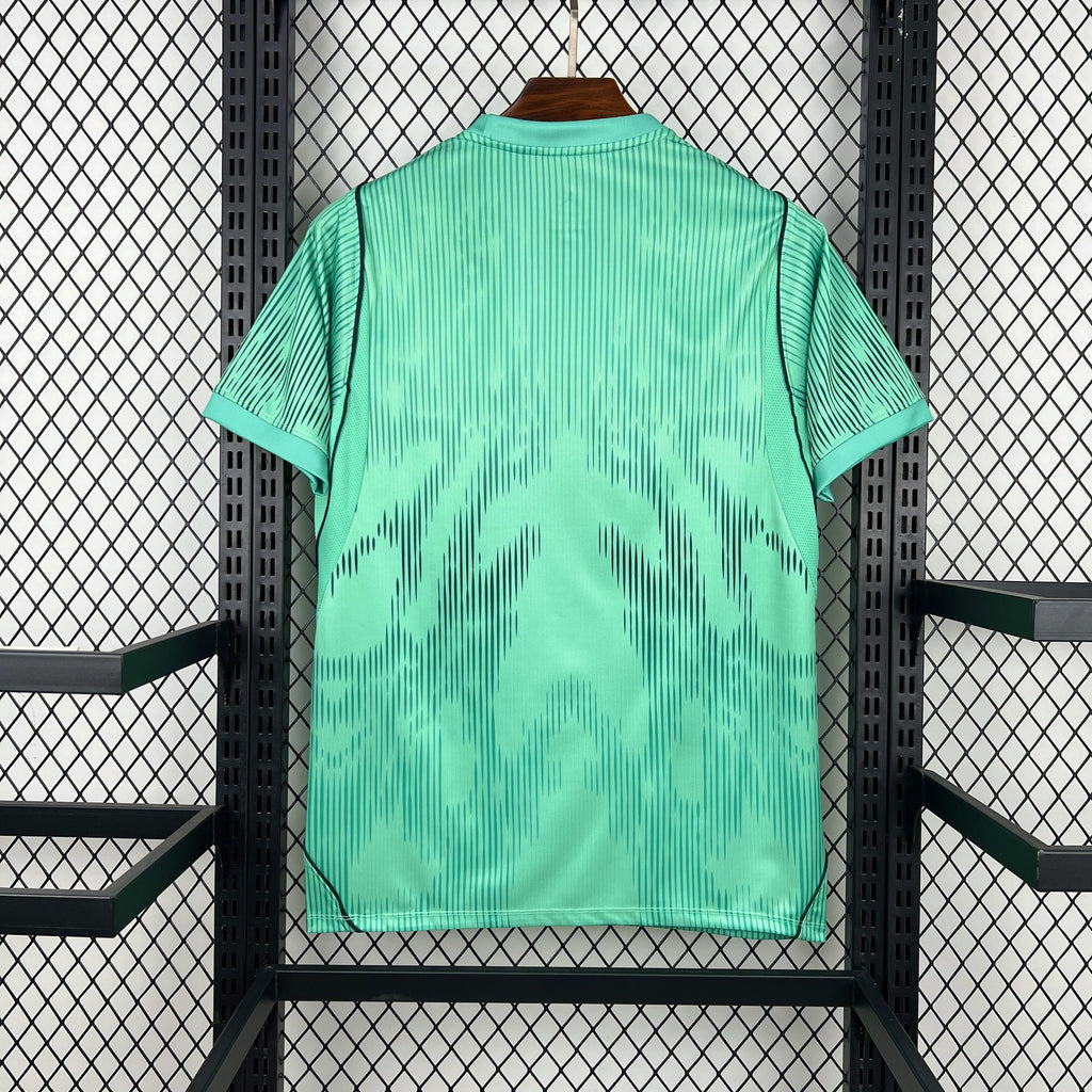 Turquoise goalkeeper fan jersey with black Jordan emblem on upper back