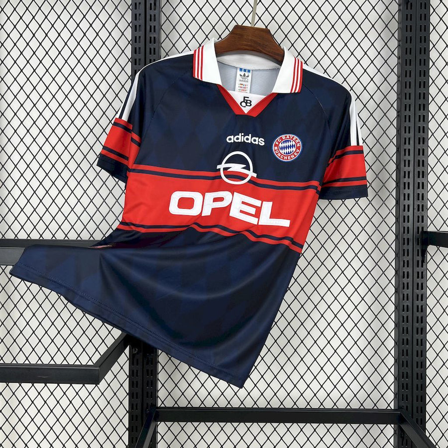 Navy and red retro soccer jersey with FC Bayern crest and adidas logo