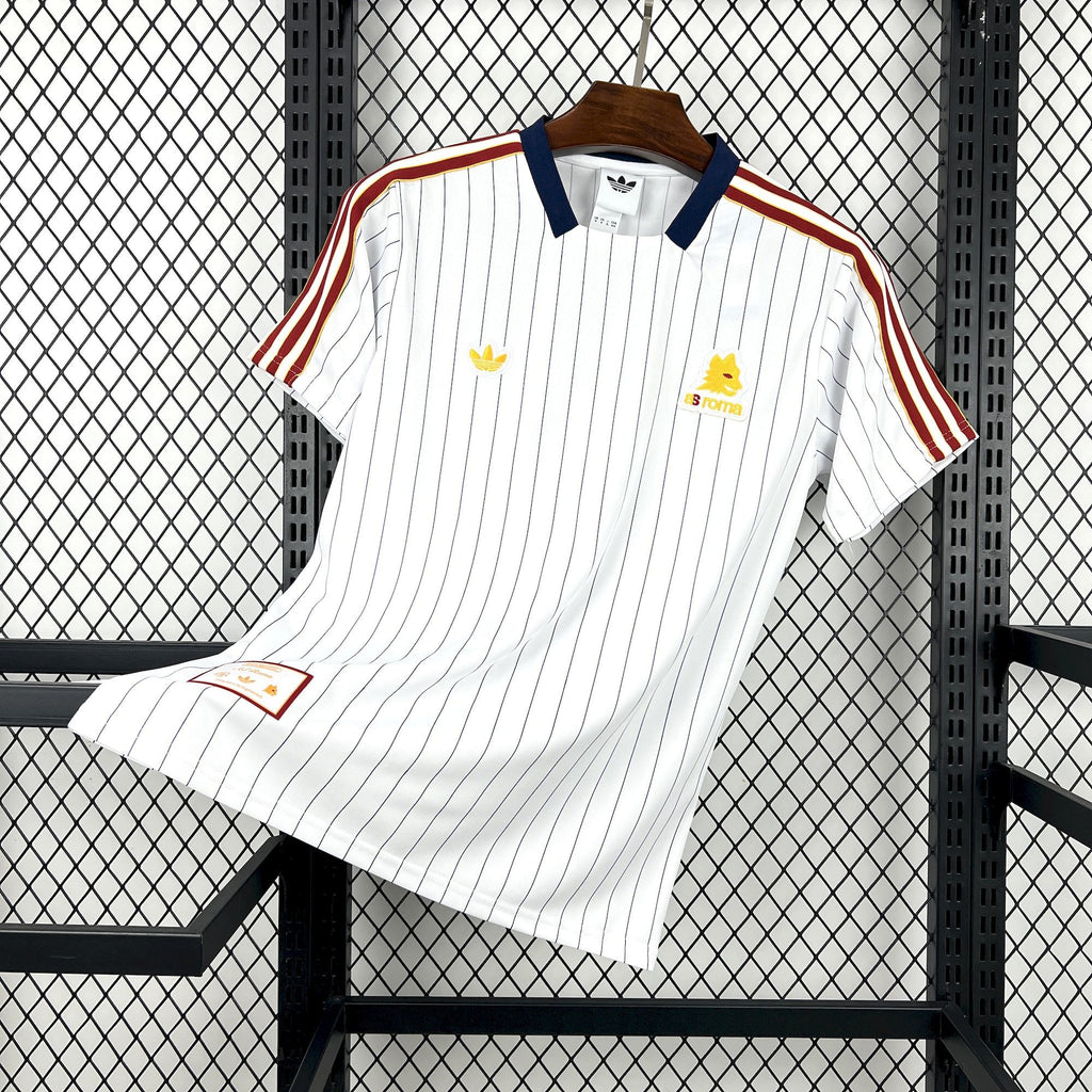 White Roma terrace icons soccer shirt with navy collar, red sleeve stripes, crest logos