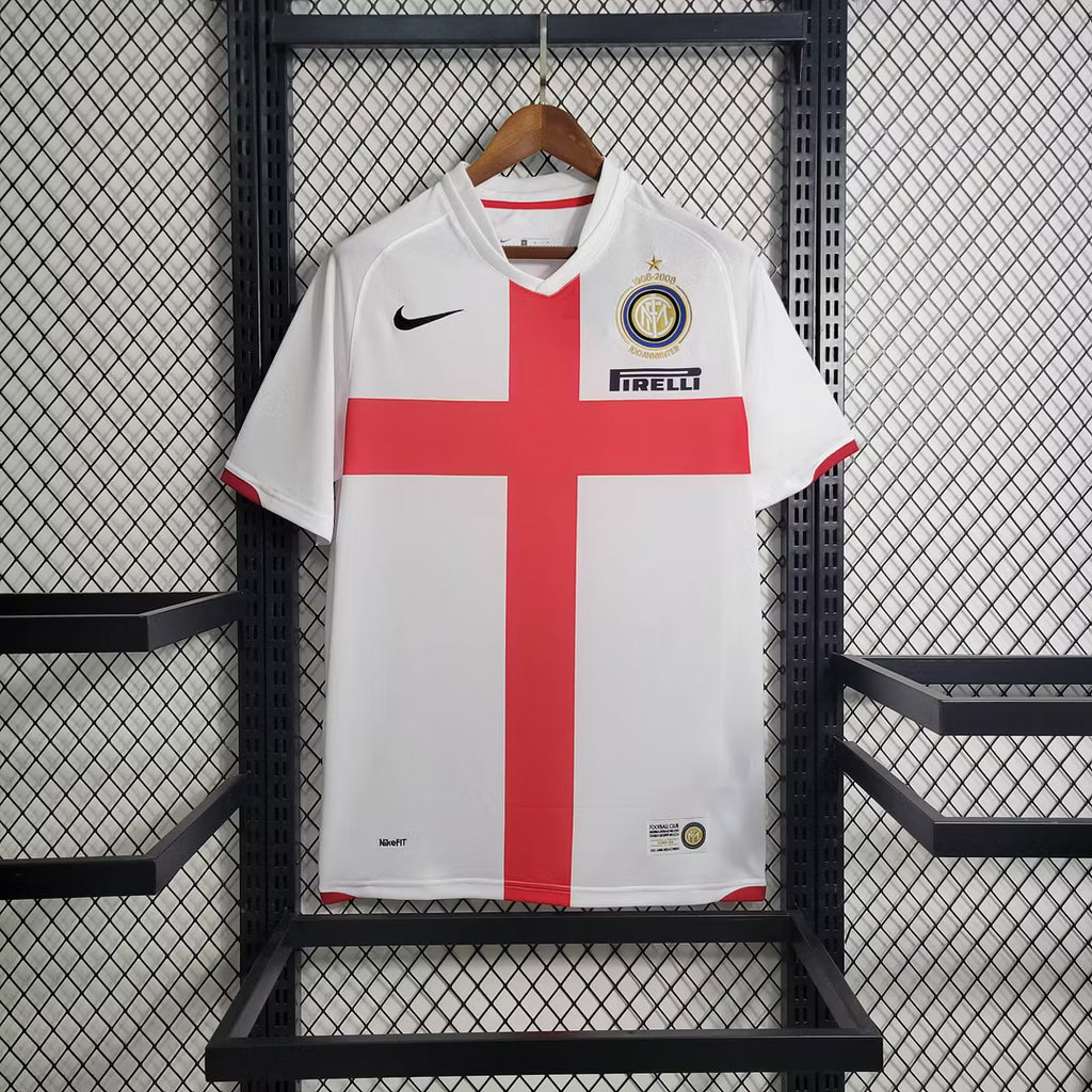 Inter Milan retro away football shirt with red cross, Nike logo, Pirelli sponsor