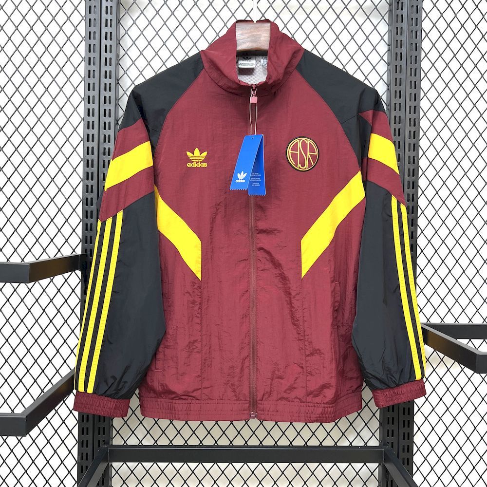 Maroon hooded windbreaker with black and yellow chevron sleeves, zip front, crest logo.