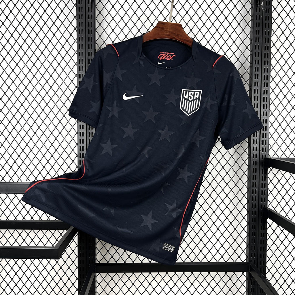Navy USA 2026 away fan jersey with star pattern, USA crest and red trim