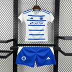 Kids away football jersey and shorts set, white with blue stripes and crests