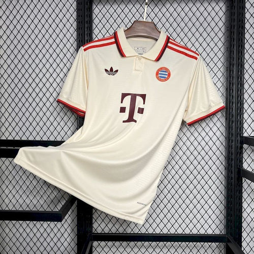 Bayern Munich third fan jersey in white with red trim, Adidas logo, and T sponsor