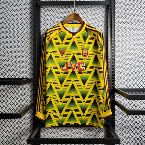 Arsenal retro away long-sleeve football jersey, neon yellow with green zigzag pattern and JVC logo