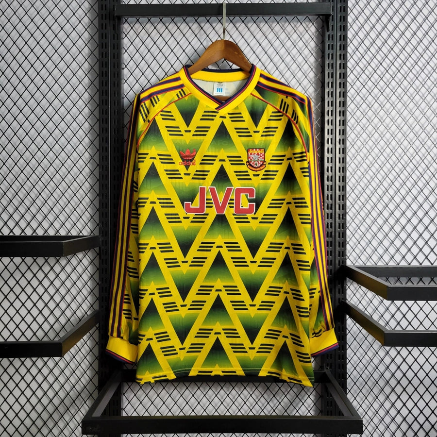 Arsenal retro away long-sleeve football jersey, neon yellow with green zigzag pattern and JVC logo