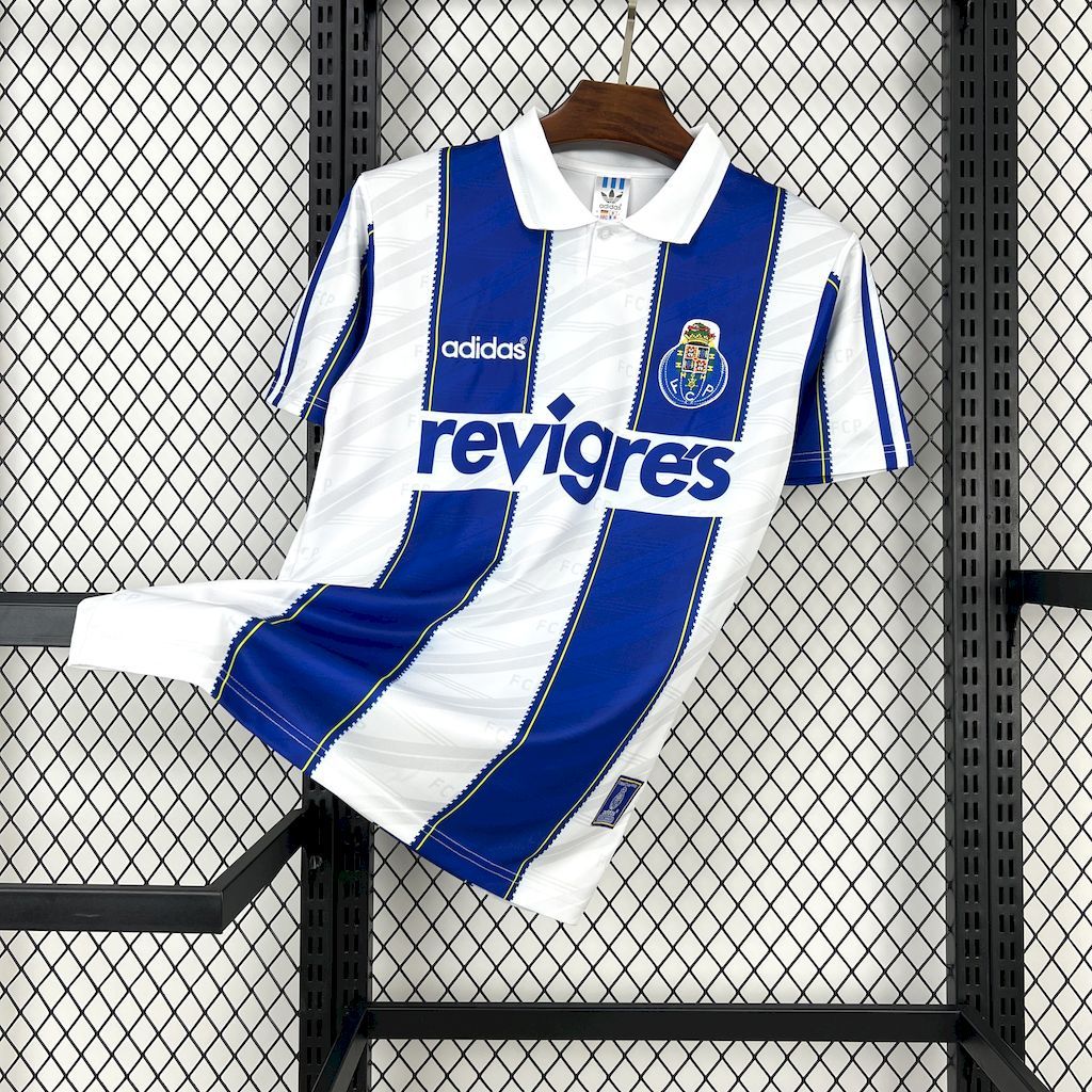 Men's retro home soccer jersey in white and royal blue with blue stripes and Adidas logo