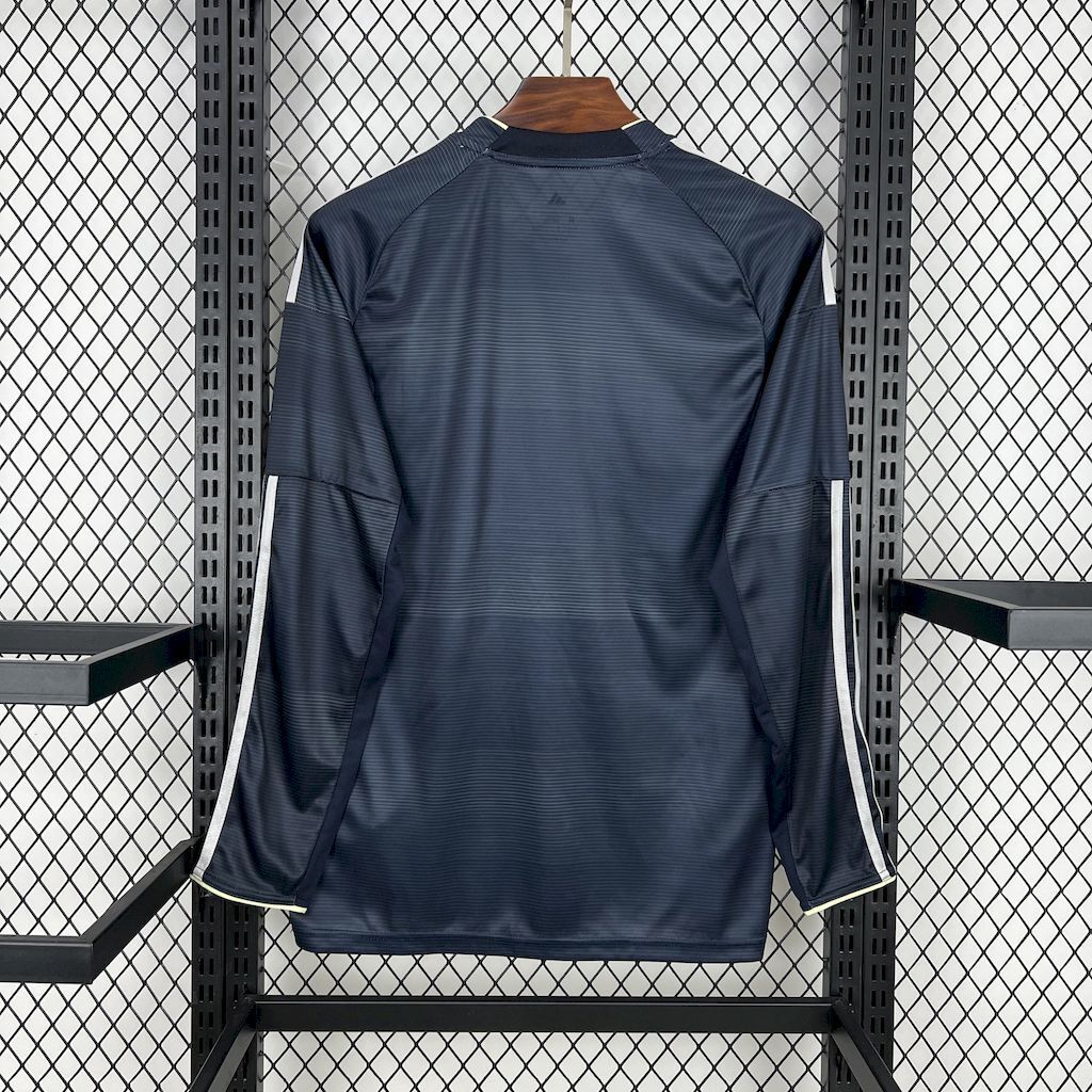 Dark navy long-sleeve football jersey with lime piping and Adidas logo on back