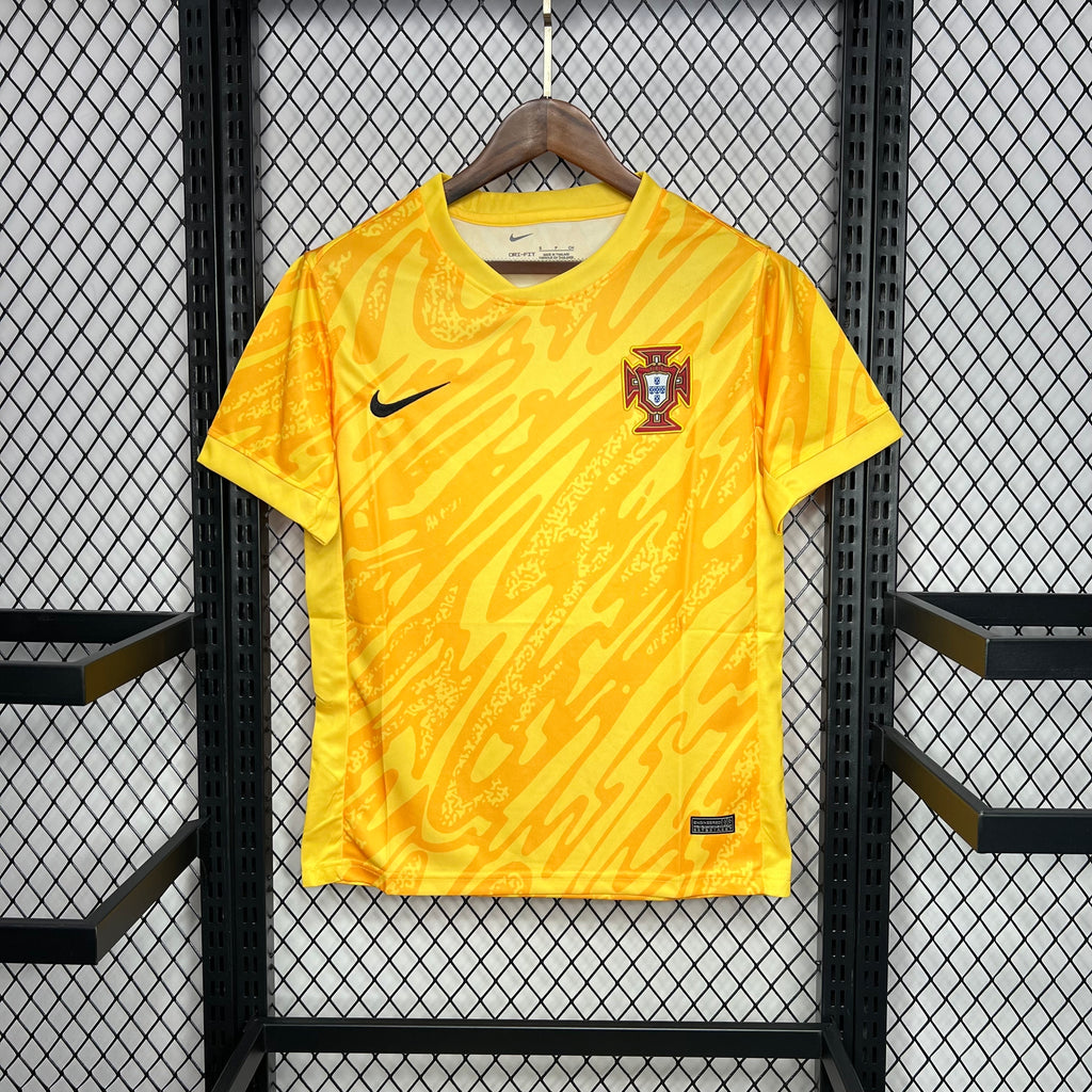 Yellow Portugal goalkeeper fan soccer jersey with Nike swoosh and crest on chest