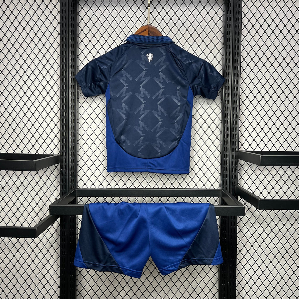 Manchester United kid away jersey back and shorts, dark navy with bright blue trim