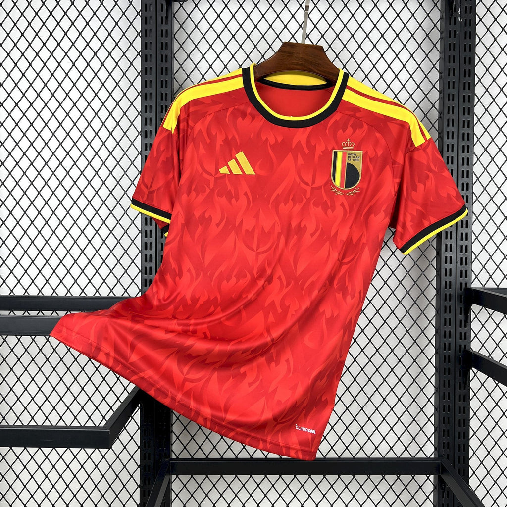 Red Belgium home fan soccer jersey with yellow trim and black collar edging