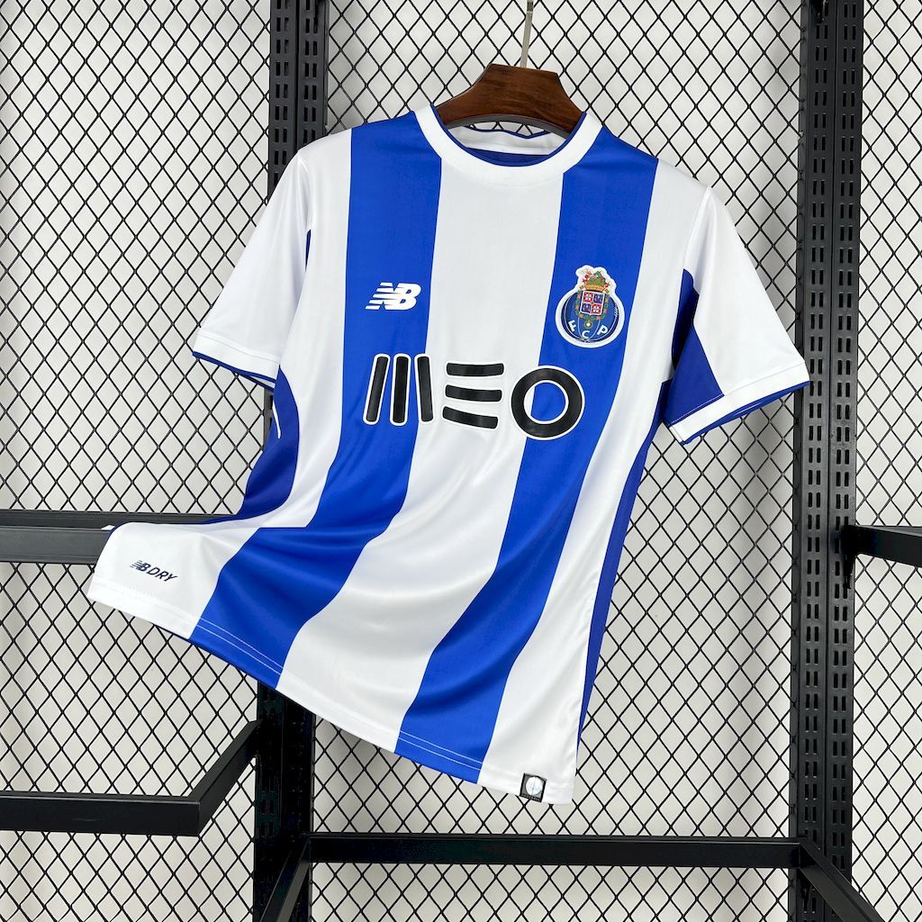 Retro soccer jersey, white and blue striped front with crest and sponsor print