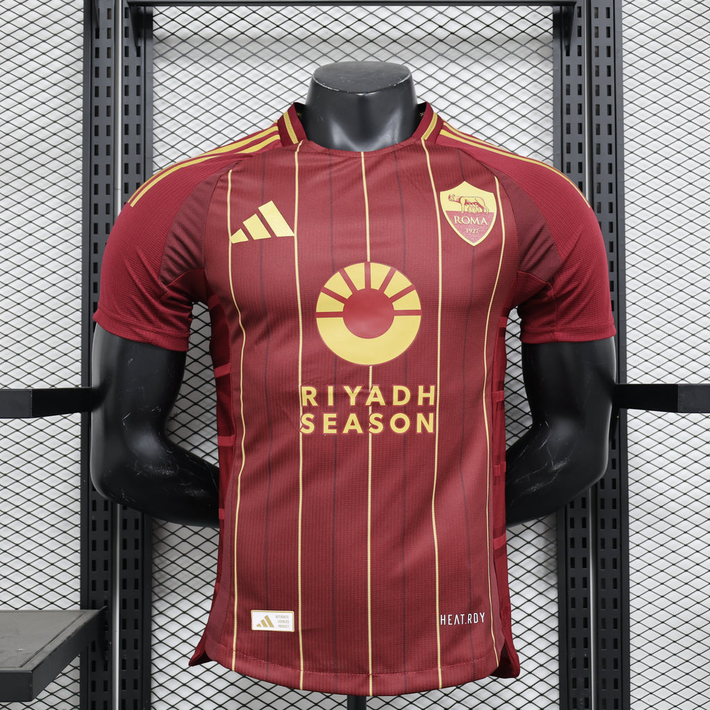 Maroon Roma player football jersey with gold stripes, crest, and RIYADH SEASON sponsor