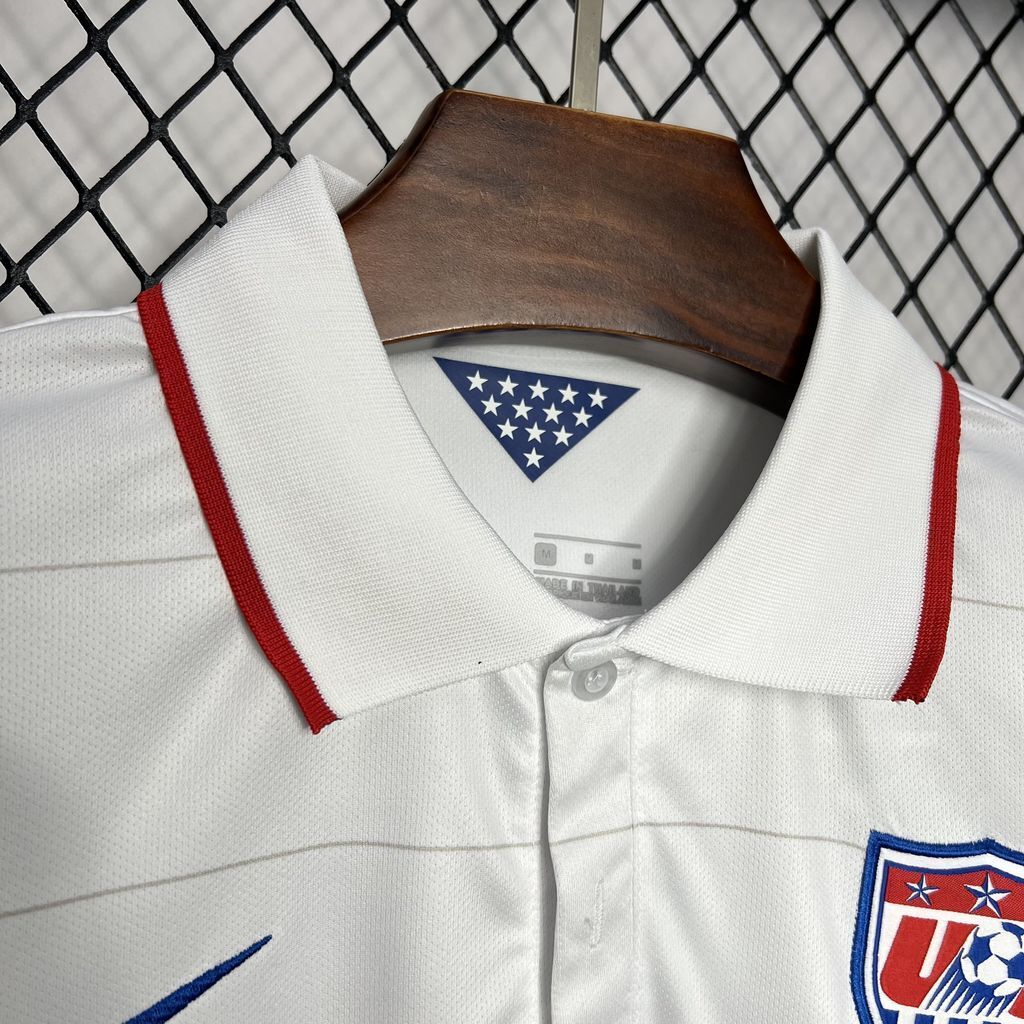 White soccer jersey collar with red trim and US badge at neckline