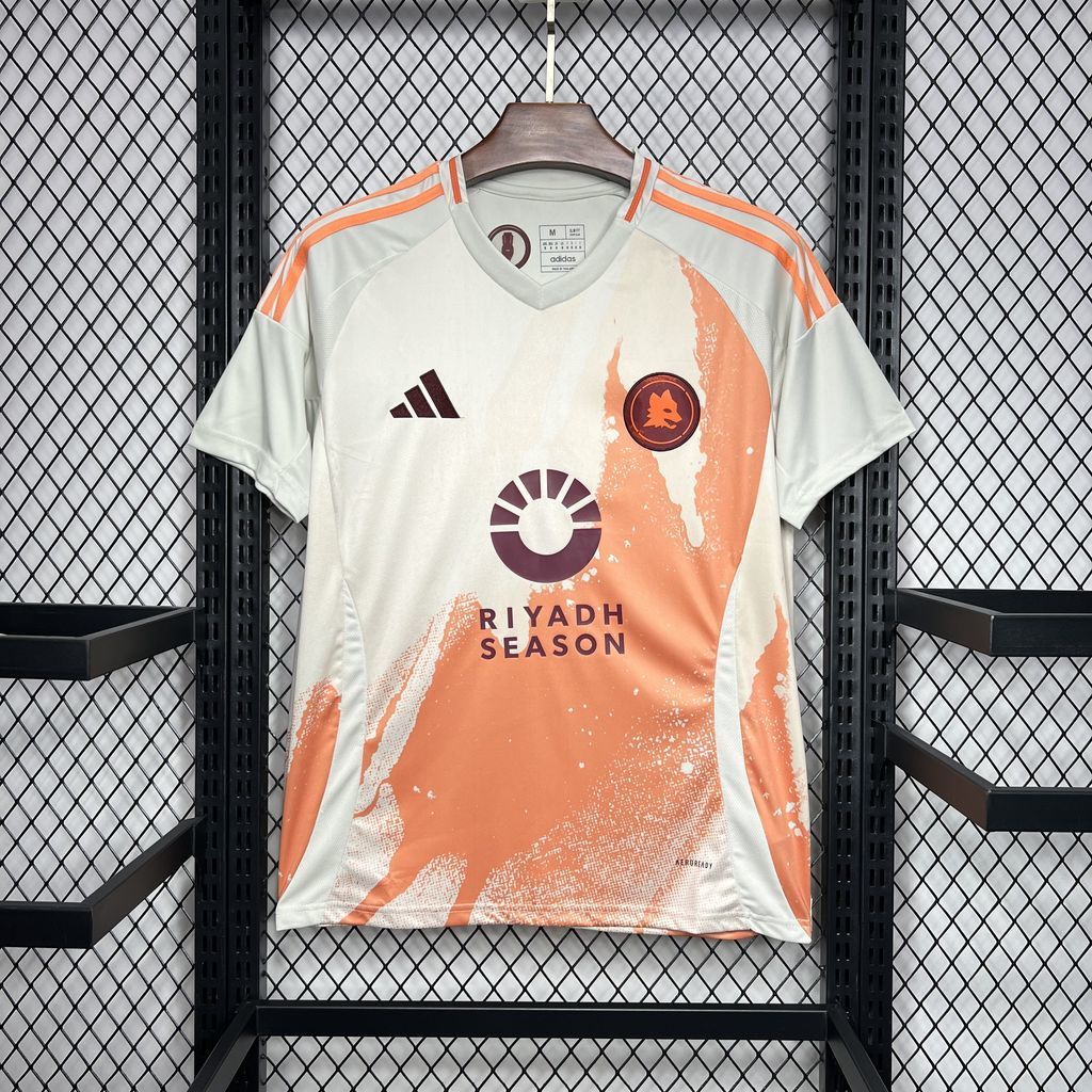 Roma away fan football shirt front, white with orange abstract print and crest