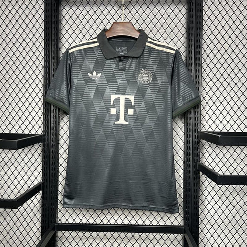 Bayern Munich Oktoberfest fan jersey, grey with triangular pattern, black collar, adidas stripes