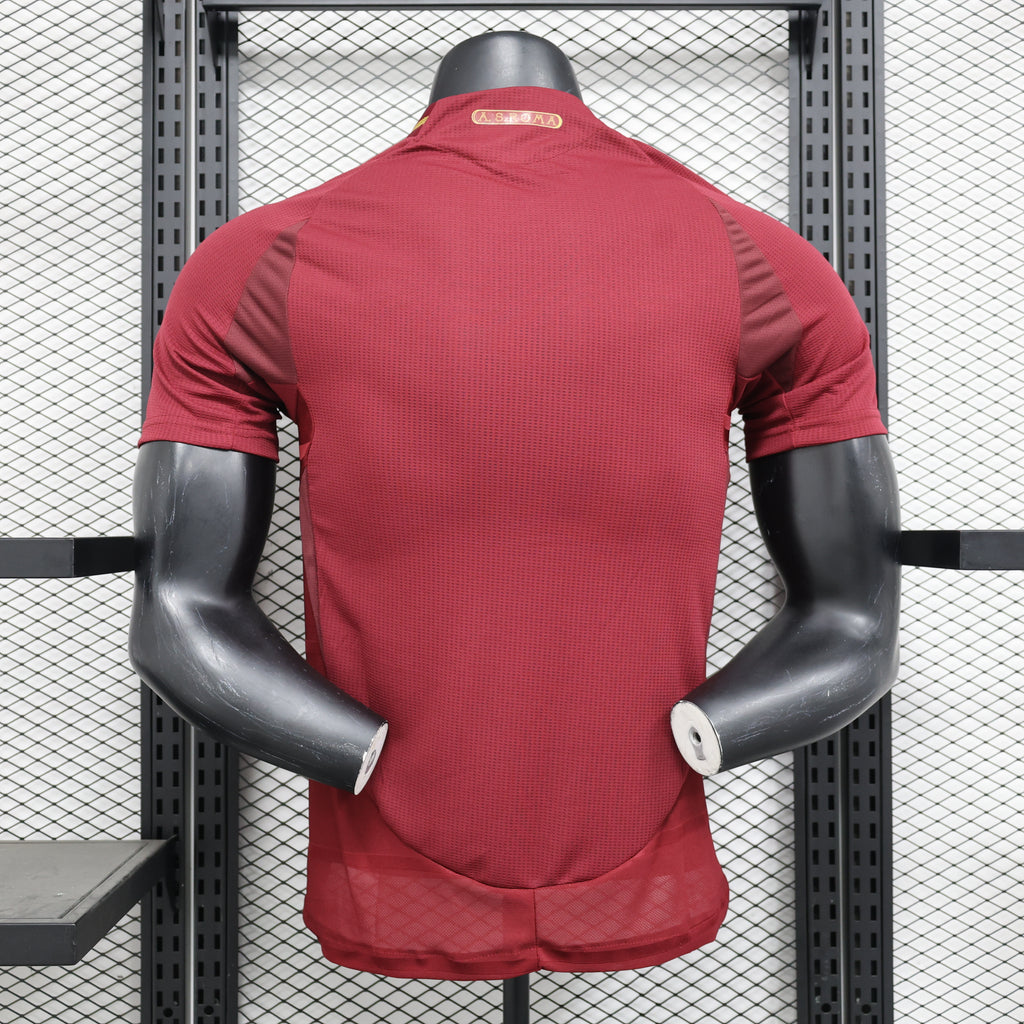 Maroon Roma player football jersey back view with vertical texture and collar