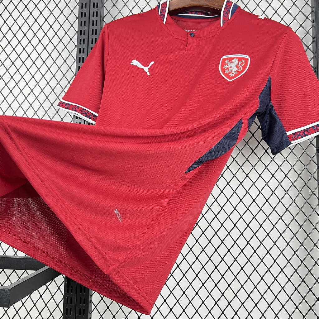 Red Czech home soccer jersey with Puma logo, crest, and blue side accents