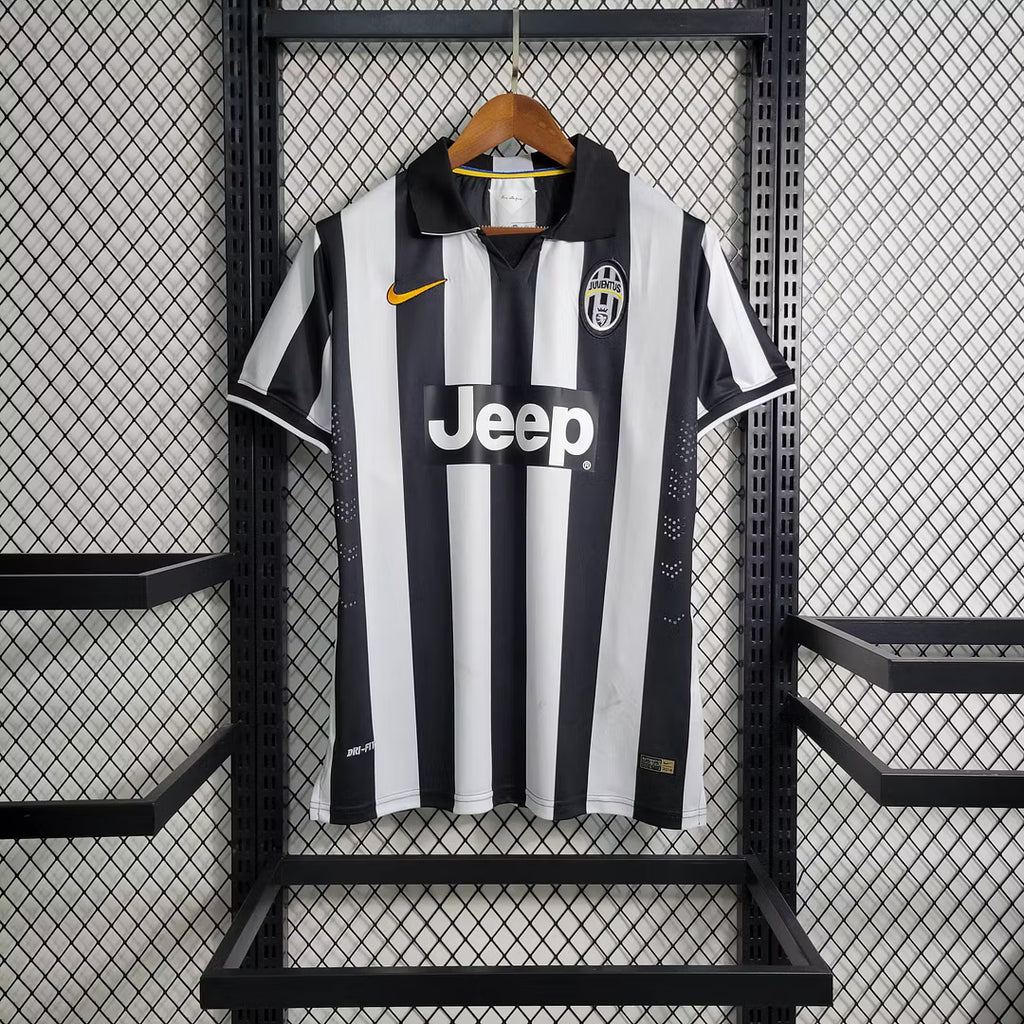 Black and white striped Juventus home soccer jersey with Jeep sponsor and crest