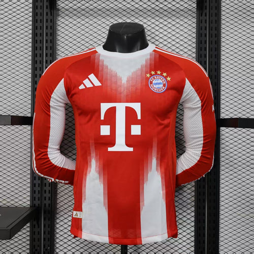 Red Bayern Munich home long-sleeve jersey with white sleeves; FC Bayern crest and sponsor print.