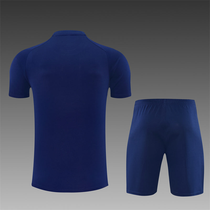 Navy training jersey and shorts set, back view with elastic-waist shorts